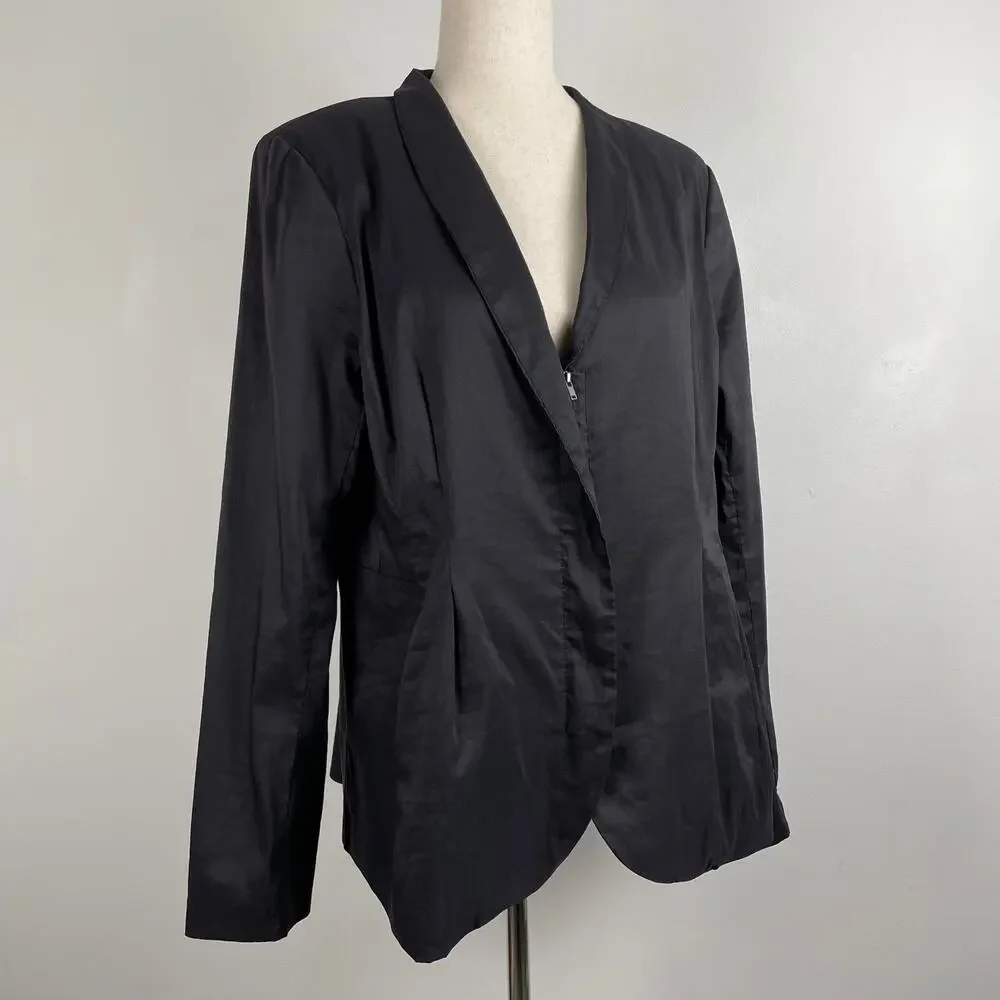 Eileen Fisher Polished Ramie Silk Stretch Jacket Blazer Zip Front Fitted Black L
